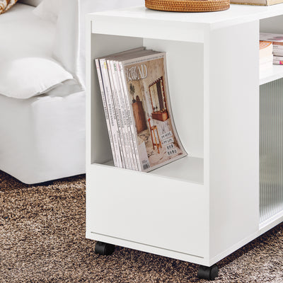 SoBuy FBT142-W Table d’Appoint, Bout de Canapé de Salon,  à roulettes, Chariot de Bureau avec tiroir et Portes en Verre