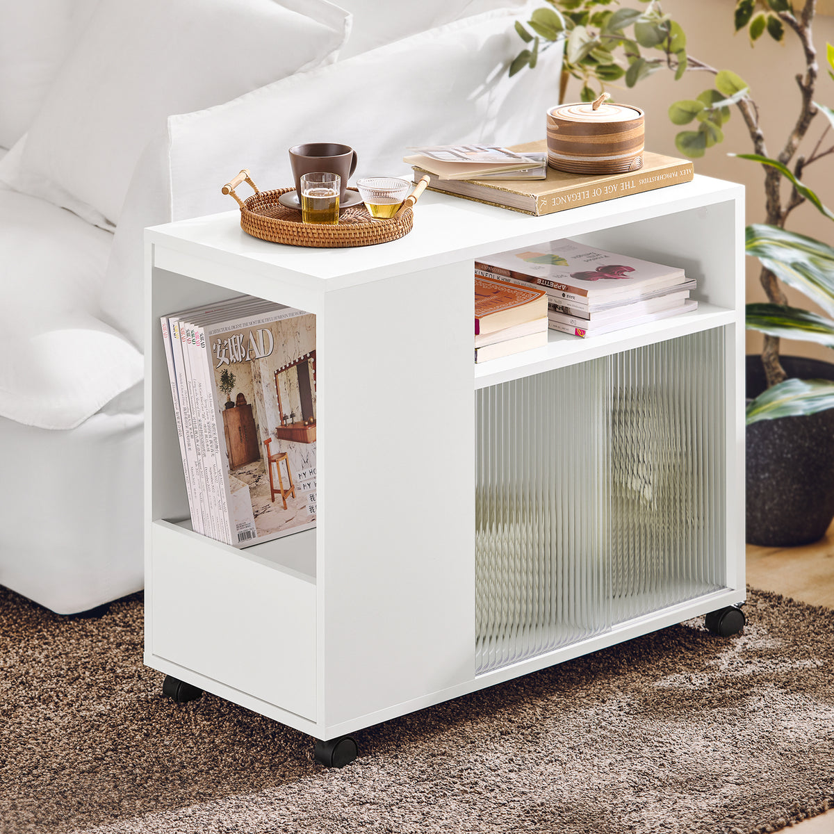 SoBuy FBT142-W Table d’Appoint, Bout de Canapé de Salon,  à roulettes, Chariot de Bureau avec tiroir et Portes en Verre