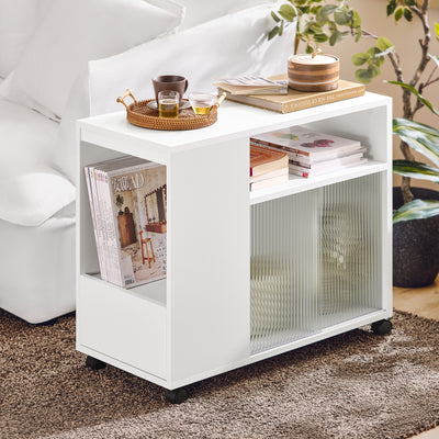 SoBuy FBT142-W Table d’Appoint, Bout de Canapé de Salon,  à roulettes, Chariot de Bureau avec tiroir et Portes en Verre
