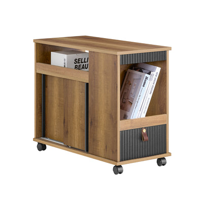 SoBuy FBT143-PF Bout de Canapé sur Roulettes Table de Chevet Table d'Appoint avec 1 Tiroir, 2 Compartiments Ouverts et 4 Port