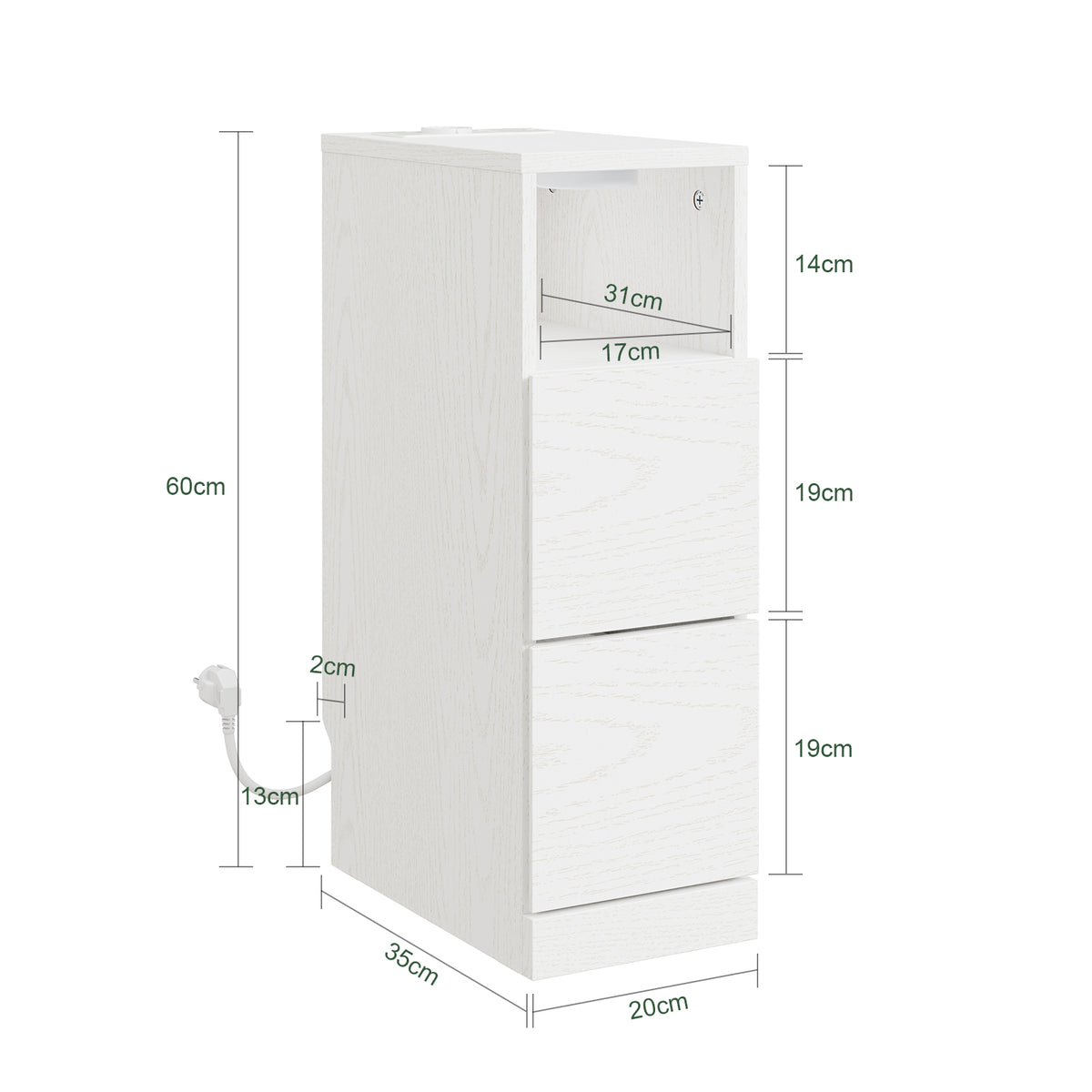 SoBuy FBT149-SCH Noptieră Îngustă 20 cm, Măsuță Laterală Subțire cu 2 Sertare și Compartiment Deschis, Noptieră pentru Spații Mici, Lângă Canapea sau Pat, 20x35x60 cm Negru