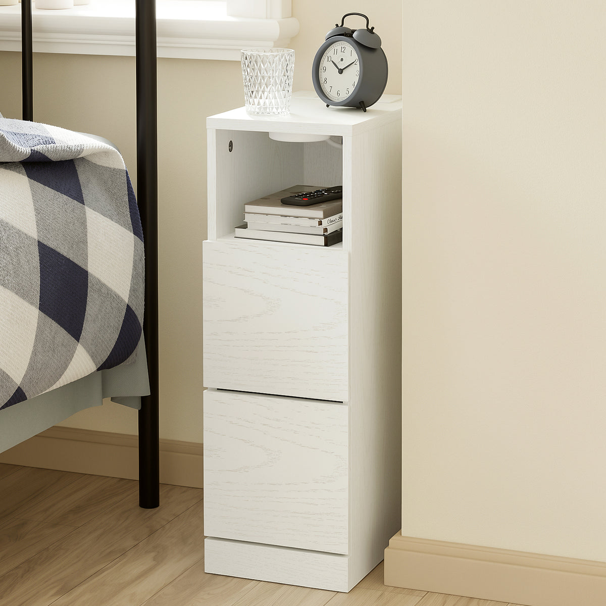 SoBuy FBT149-SCH Noptieră Îngustă 20 cm, Măsuță Laterală Subțire cu 2 Sertare și Compartiment Deschis, Noptieră pentru Spații Mici, Lângă Canapea sau Pat, 20x35x60 cm Negru