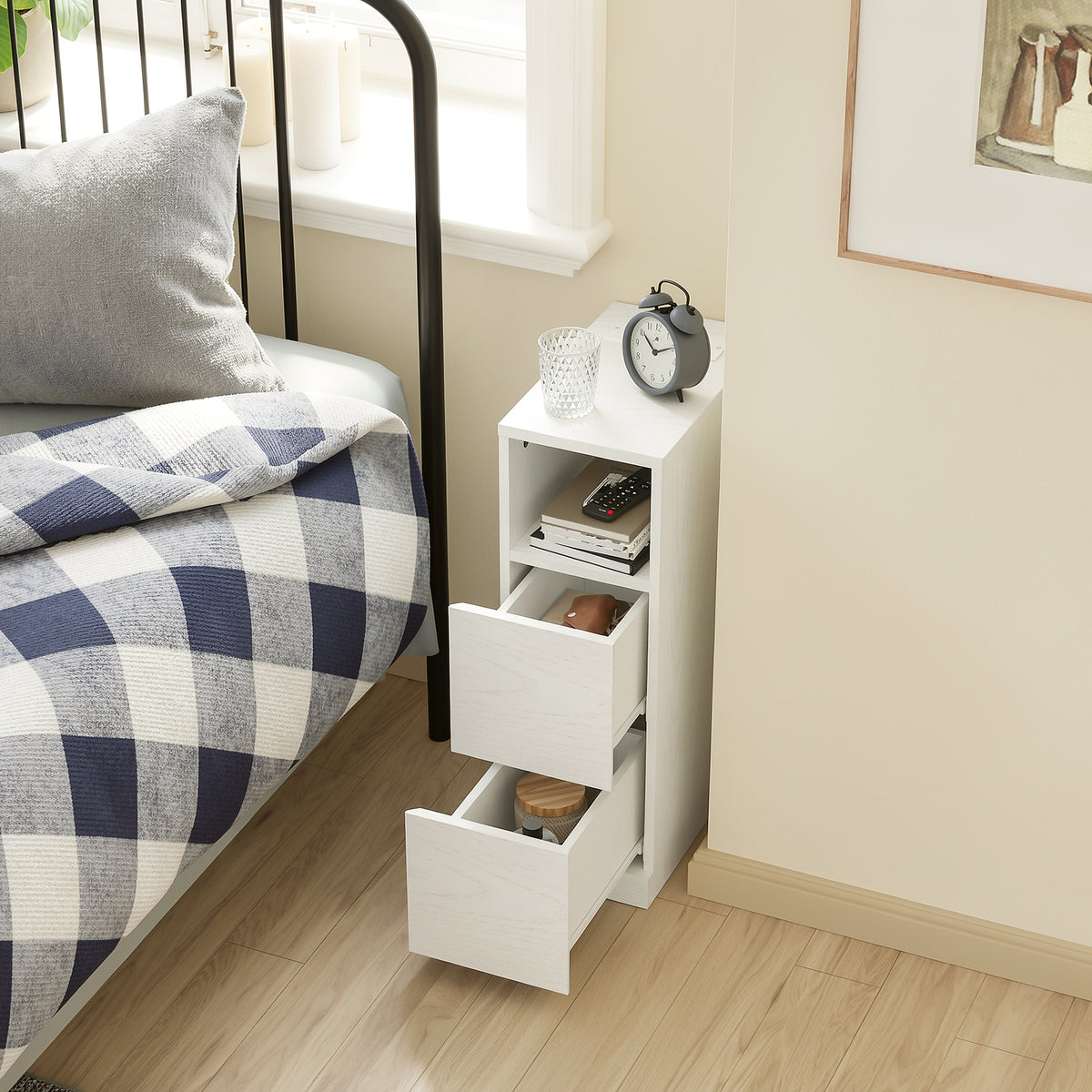 SoBuy FBT149-SCH Noptieră Îngustă 20 cm, Măsuță Laterală Subțire cu 2 Sertare și Compartiment Deschis, Noptieră pentru Spații Mici, Lângă Canapea sau Pat, 20x35x60 cm Negru
