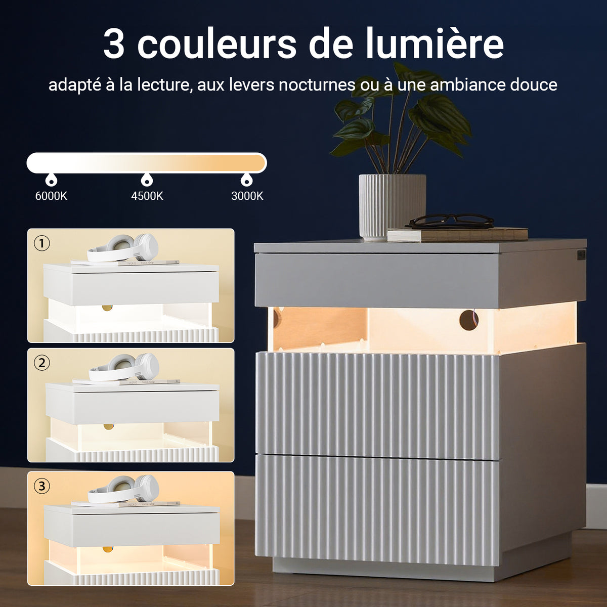 SoBuy FBT167-E-W Noptieră cu 3 sertare, 2 panouri laterale acrilice și iluminare LED, 3 culori reglabile, Noptieră Modernă pentru Dormitor și Sufragerie, L41 × l40 × H52 cm, Alb