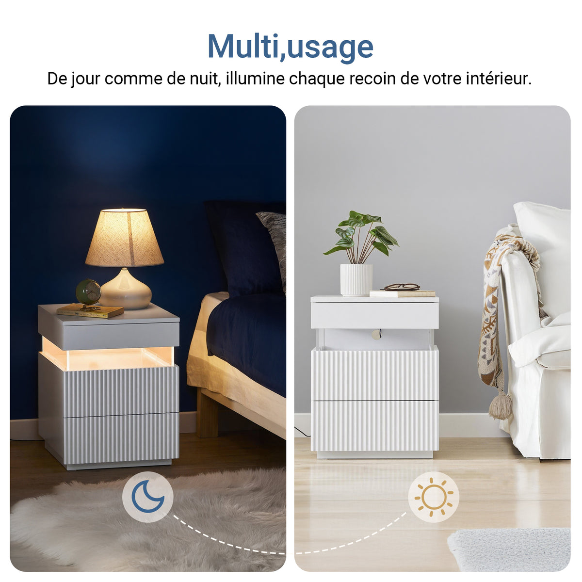 SoBuy FBT167-E-W Noptieră cu 3 sertare, 2 panouri laterale acrilice și iluminare LED, 3 culori reglabile, Noptieră Modernă pentru Dormitor și Sufragerie, L41 × l40 × H52 cm, Alb