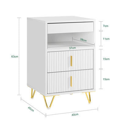 SoBuy FBT168-W Noptieră Chic Alb și Auriu – 3 Sertare și Poliță, Stil Modern