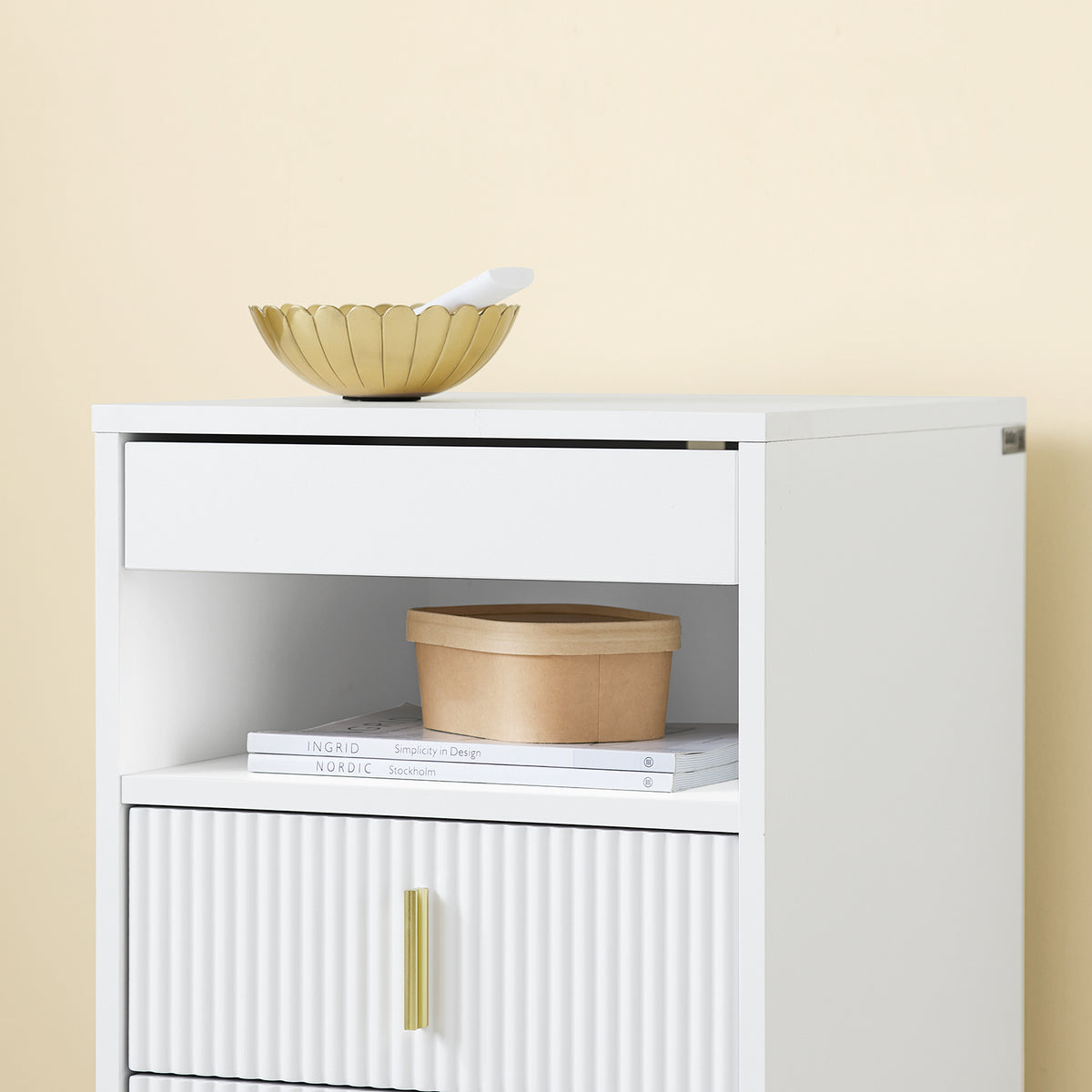 SoBuy FBT168-W Noptieră Chic Alb și Auriu – 3 Sertare și Poliță, Stil Modern