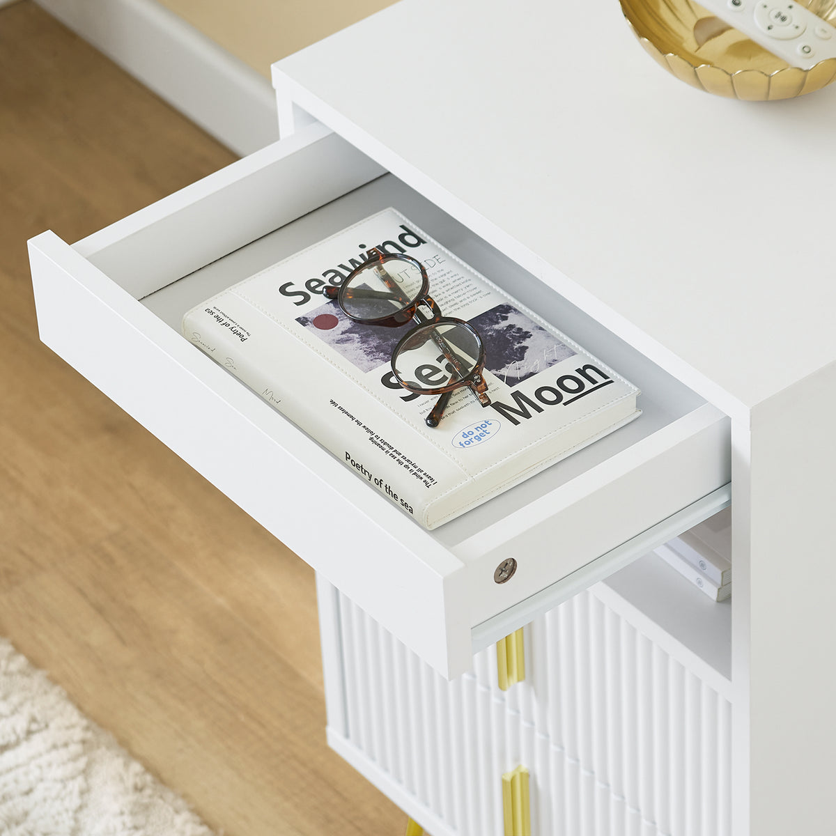 SoBuy FBT168-W Noptieră Chic Alb și Auriu – 3 Sertare și Poliță, Stil Modern