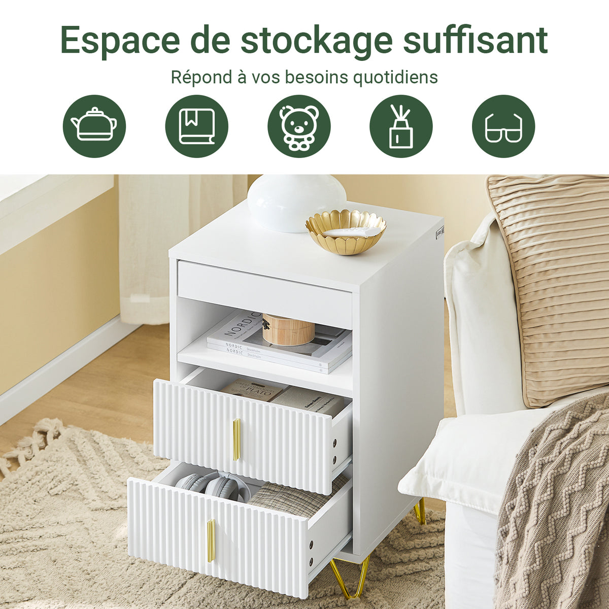 SoBuy FBT168-W Noptieră Chic Alb și Auriu – 3 Sertare și Poliță, Stil Modern