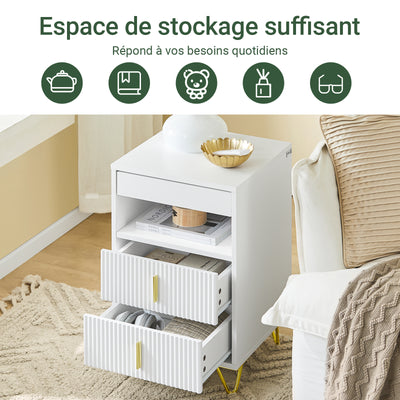 SoBuy FBT168-W Noptieră Chic Alb și Auriu – 3 Sertare și Poliță, Stil Modern