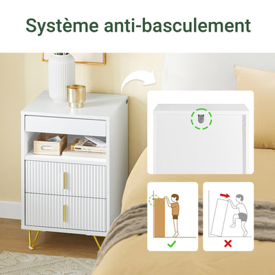SoBuy FBT168-W Noptieră Chic Alb și Auriu – 3 Sertare și Poliță, Stil Modern