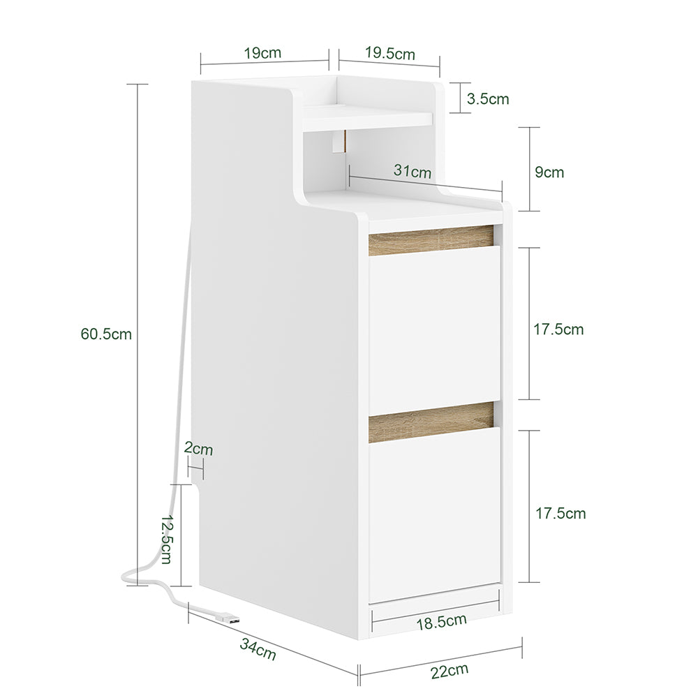 SoBuy FBT171-WN Noptieră îngustă, Masă de noapte cu sertar și raft, Mobilier de accent modern pentru dormitor și living, Alb, 20 x 35 x 60 cm