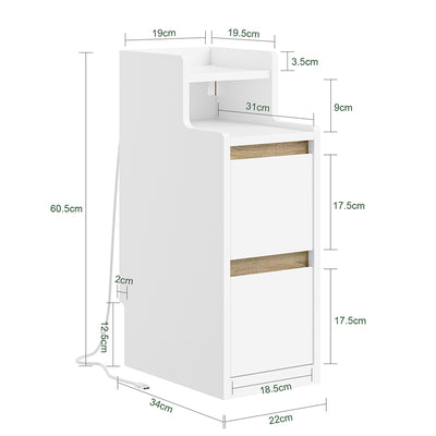 SoBuy FBT171-WN Noptieră îngustă, Masă de noapte cu sertar și raft, Mobilier de accent modern pentru dormitor și living, Alb, 20 x 35 x 60 cm