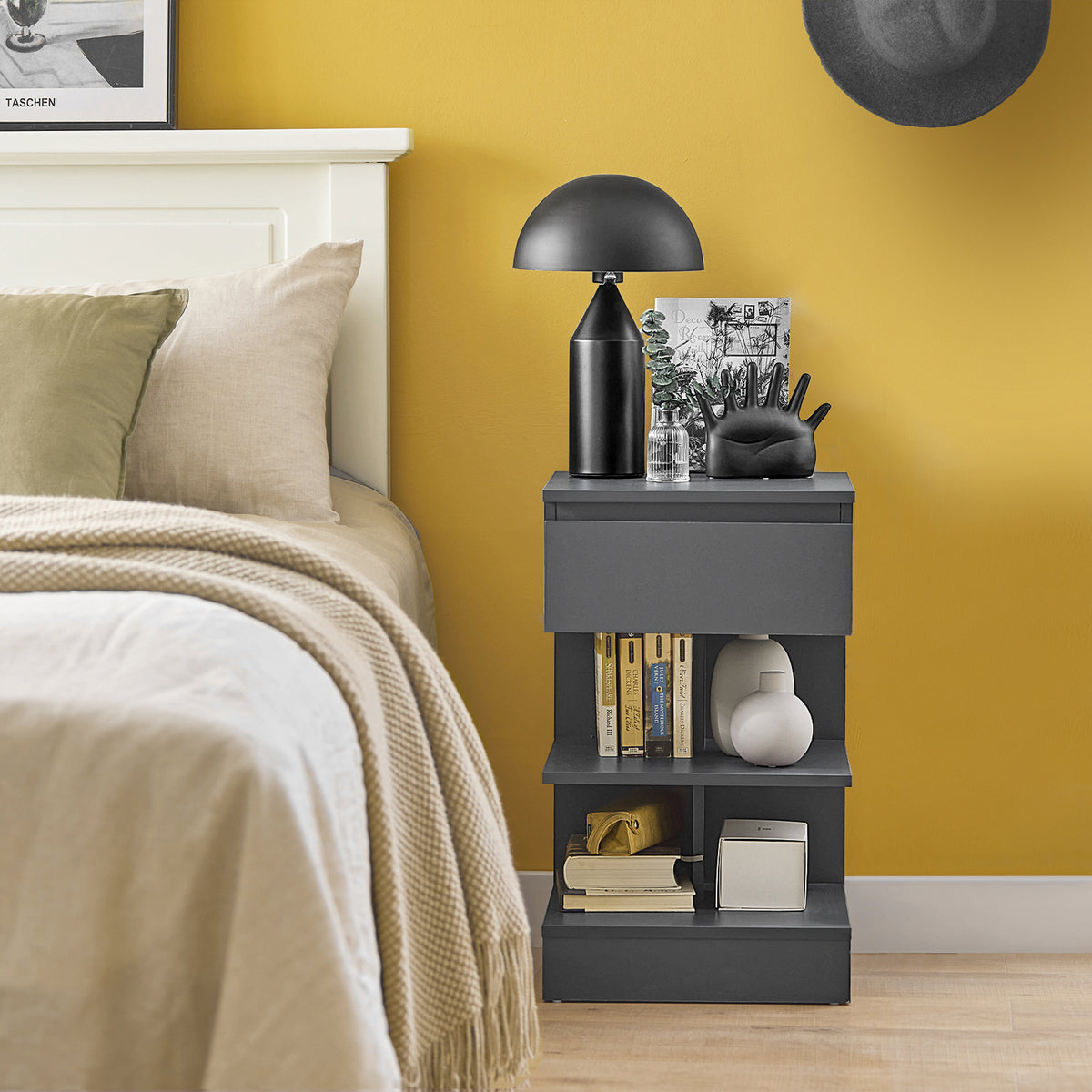 SoBuy FBT49-HG Noptieră - Noptieră cu 1 sertar și 2 rafturi, Masă laterală pentru dormitor - Dulap de depozitare modern L39 x P39 x H65 cm Gri