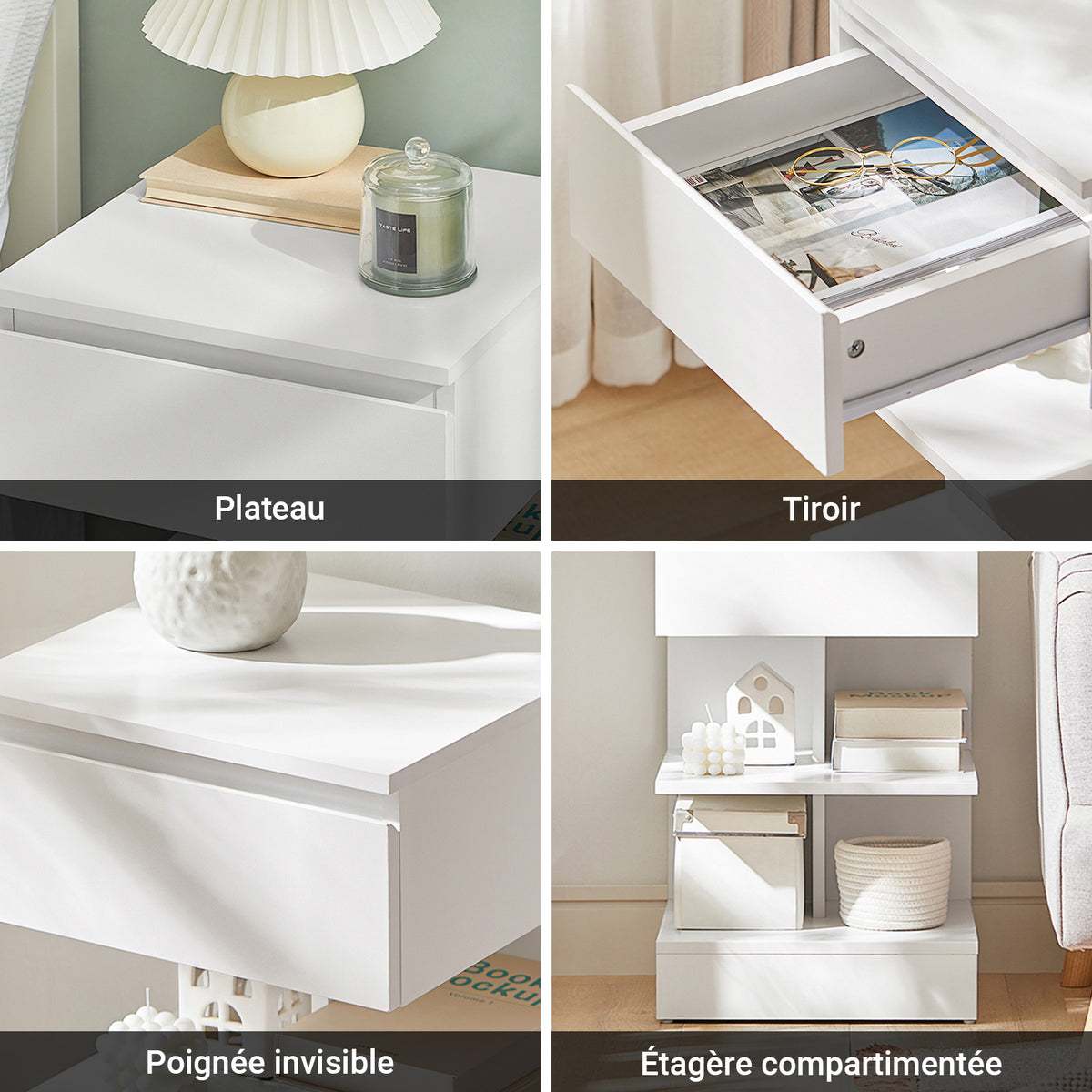 SoBuy FBT49-W Noptieră - Noptieră cu 1 sertar și 2 rafturi, Masă laterală pentru Dormitor - Mobilier de Depozitare Modern L39 x P39 x H65 cm Alb