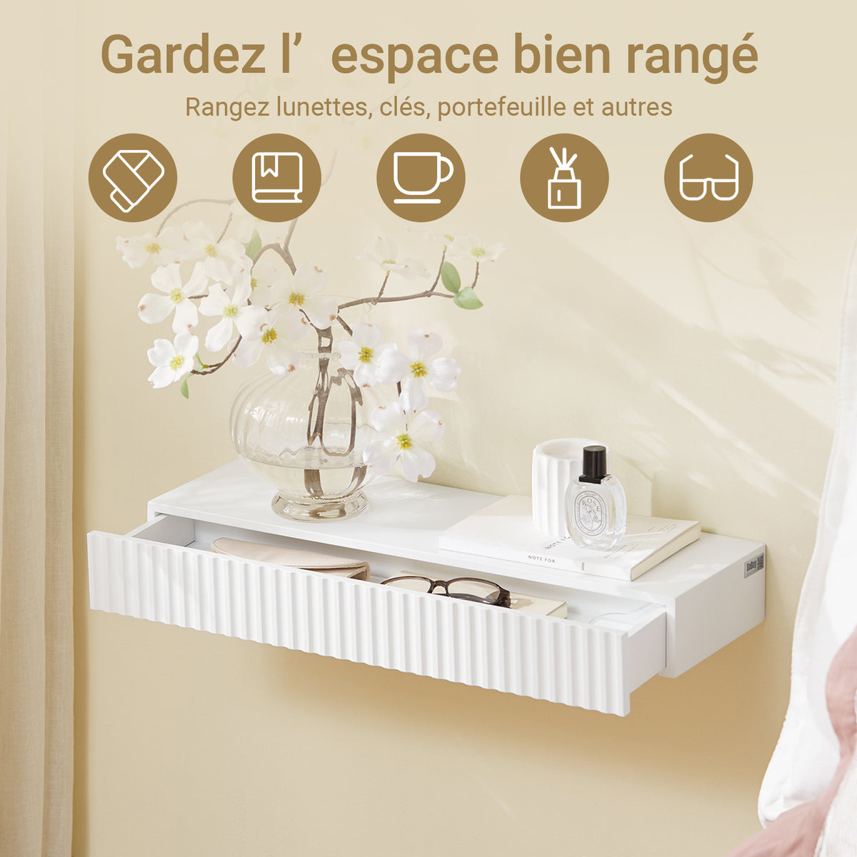 SoBuy FHK38-W Étagère Murale Flottante avec Tiroir et LED – L60 × P20 × H8 cm, Blanc