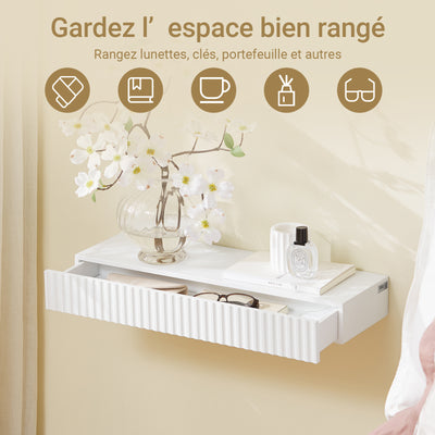 SoBuy FHK38-W Étagère Murale Flottante avec Tiroir et LED – L60 × P20 × H8 cm, Blanc
