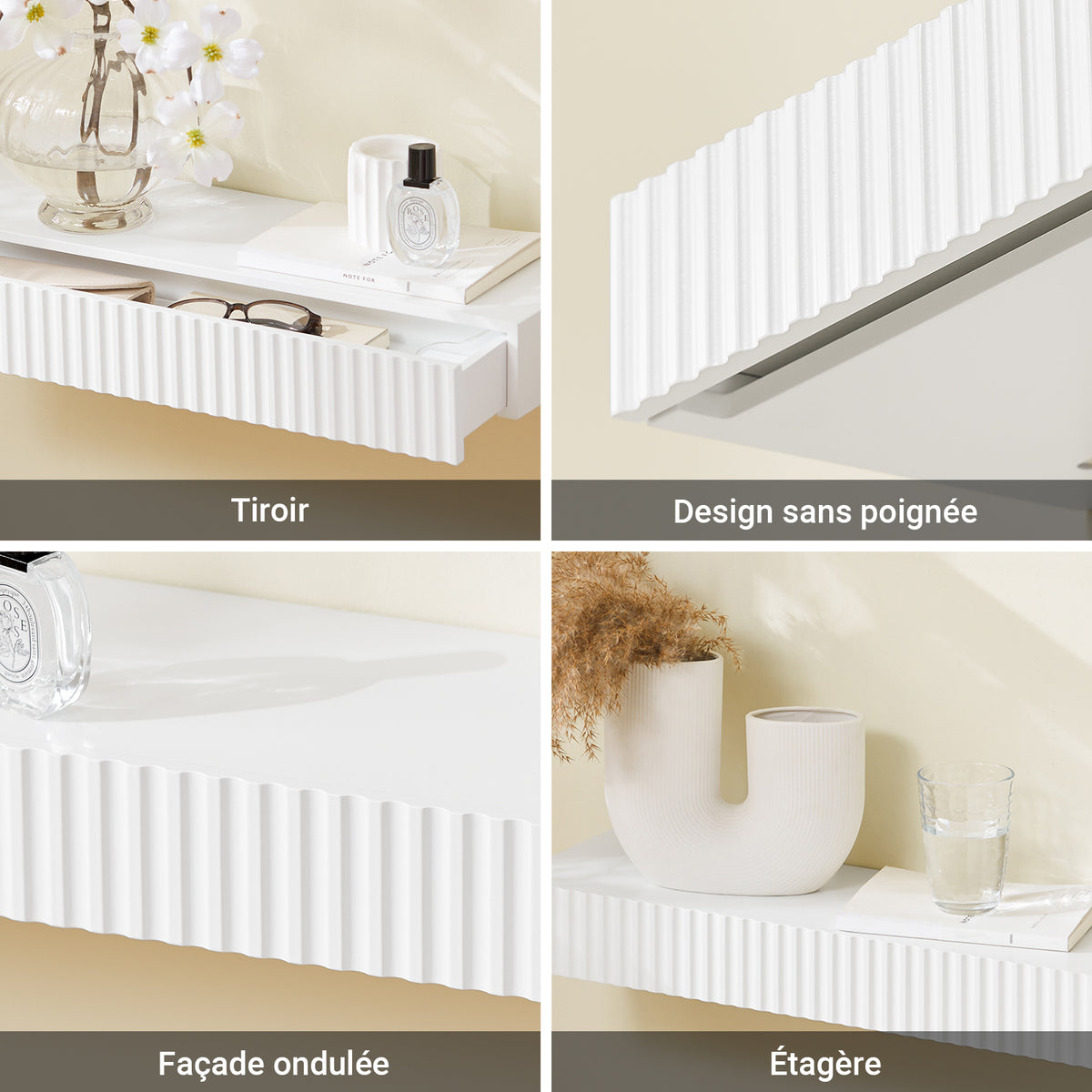 SoBuy FHK38-W Étagère Murale Flottante avec Tiroir et LED – L60 × P20 × H8 cm, Blanc