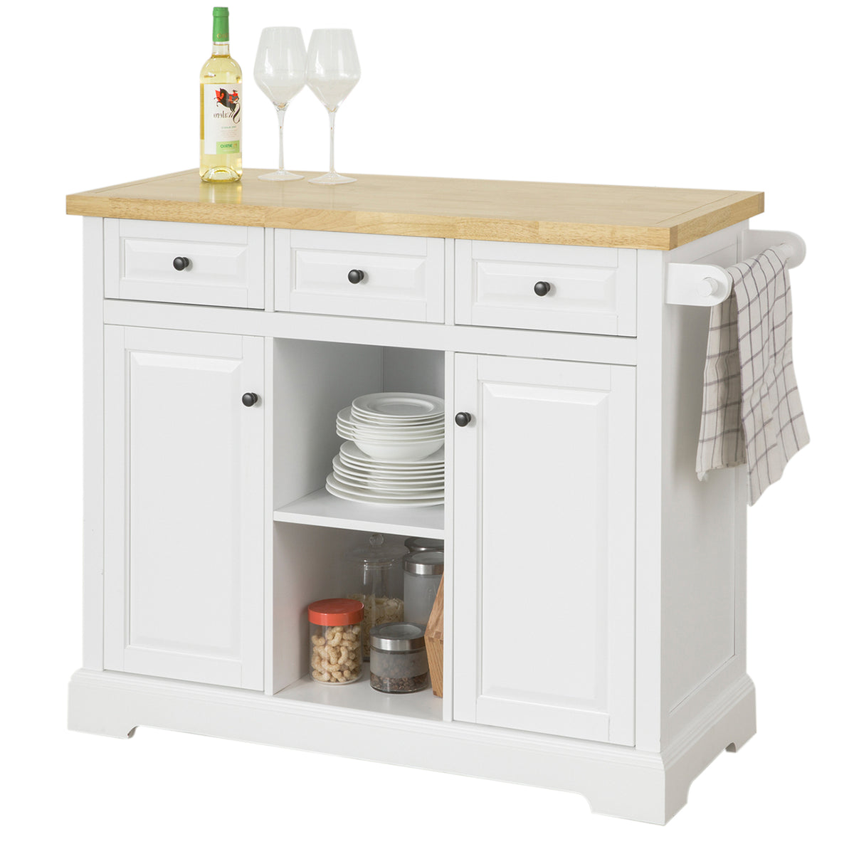 SoBuy FKW101-WN Desserte de Cuisine à Roulettes avec Plan de Travail, 3 Tiroirs, 2 Étagères et 2 Portes, Charge 50 kg – 115x4