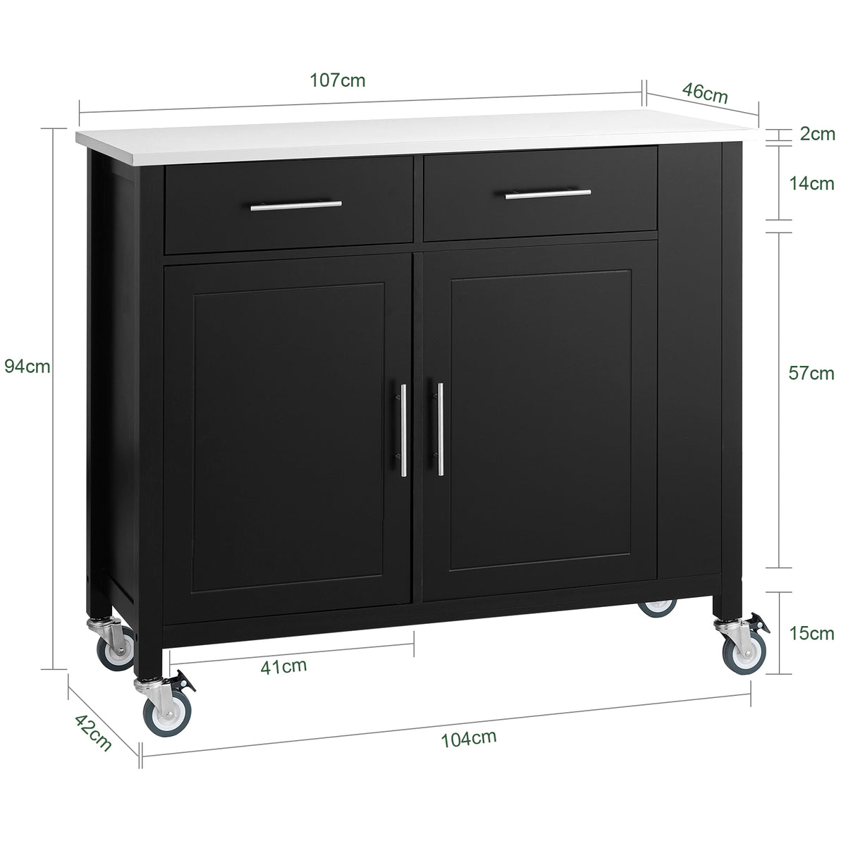 SoBuy FKW108-SCH Desserte Cuisine avec Plateau en Acier Inoxydable, Tiroirs et Roulettes, Usage Polyvalent, Mobile – L107×P46×H94 cm, Bois + Inox, Noir