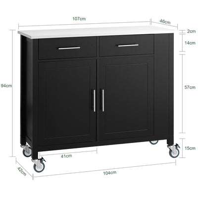 SoBuy FKW108-SCH Desserte Cuisine avec Plateau en Acier Inoxydable, Tiroirs et Roulettes, Usage Polyvalent, Mobile – L107×P46×H94 cm, Bois + Inox, Noir