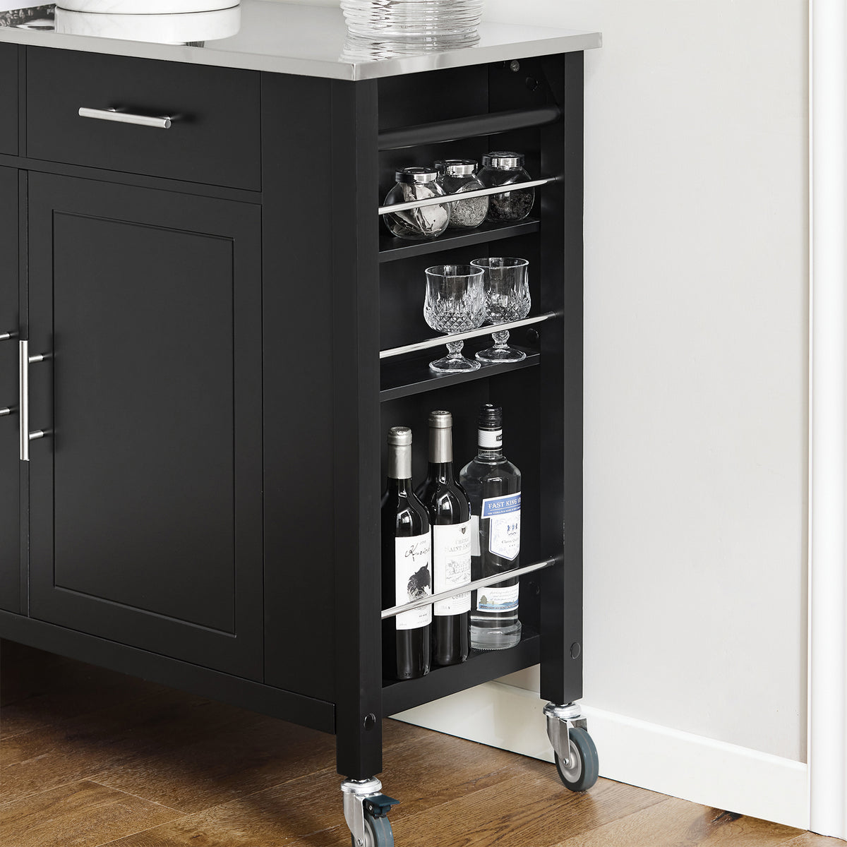 SoBuy FKW108-SCH Desserte Cuisine avec Plateau en Acier Inoxydable, Tiroirs et Roulettes, Usage Polyvalent, Mobile – L107×P46×H94 cm, Bois + Inox, Noir