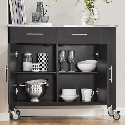 SoBuy FKW108-SCH Desserte Cuisine avec Plateau en Acier Inoxydable, Tiroirs et Roulettes, Usage Polyvalent, Mobile – L107×P46×H94 cm, Bois + Inox, Noir