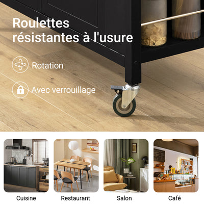 SoBuy FKW108-SCH Desserte Cuisine avec Plateau en Acier Inoxydable, Tiroirs et Roulettes, Usage Polyvalent, Mobile – L107×P46×H94 cm, Bois + Inox, Noir