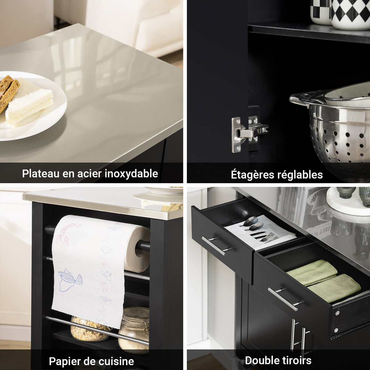 SoBuy FKW108-SCH Desserte Cuisine avec Plateau en Acier Inoxydable, Tiroirs et Roulettes, Usage Polyvalent, Mobile – L107×P46×H94 cm, Bois + Inox, Noir