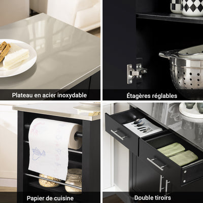 SoBuy FKW108-SCH Desserte Cuisine avec Plateau en Acier Inoxydable, Tiroirs et Roulettes, Usage Polyvalent, Mobile – L107×P46×H94 cm, Bois + Inox, Noir