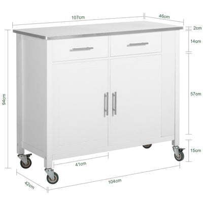 SoBuy FKW108-W Desserte Cuisine avec Plateau en Acier Inoxydable, Tiroirs et Roulettes, Usage Polyvalent, Mobile – L107×P46×H94 cm, Bois + Inox, Blanc