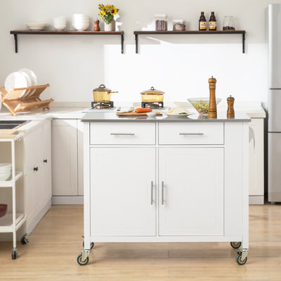 SoBuy FKW108-W Desserte Cuisine avec Plateau en Acier Inoxydable, Tiroirs et Roulettes, Usage Polyvalent, Mobile – L107×P46×H94 cm, Bois + Inox, Blanc