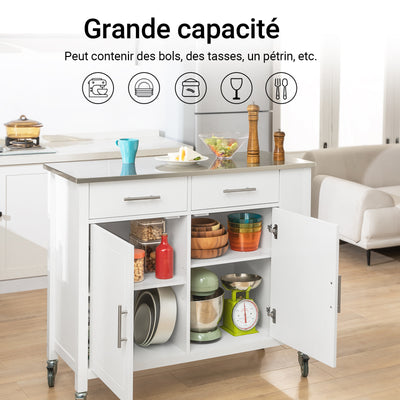 SoBuy FKW108-W Desserte Cuisine avec Plateau en Acier Inoxydable, Tiroirs et Roulettes, Usage Polyvalent, Mobile – L107×P46×H94 cm, Bois + Inox, Blanc