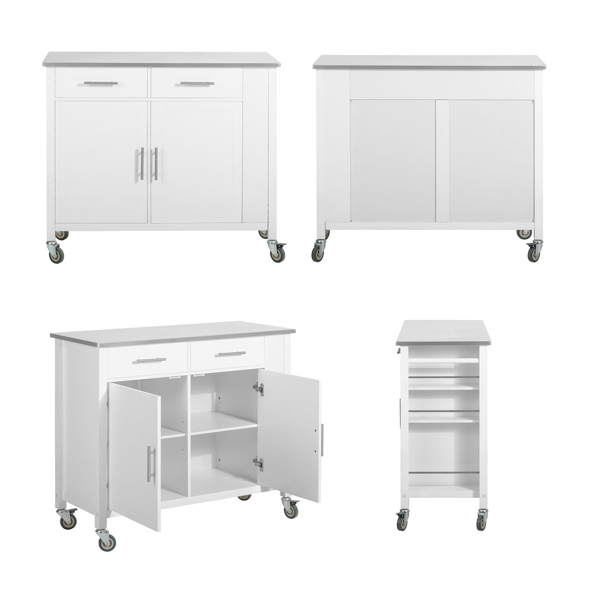 SoBuy FKW108-W Desserte Cuisine avec Plateau en Acier Inoxydable, Tiroirs et Roulettes, Usage Polyvalent, Mobile – L107×P46×H94 cm, Bois + Inox, Blanc