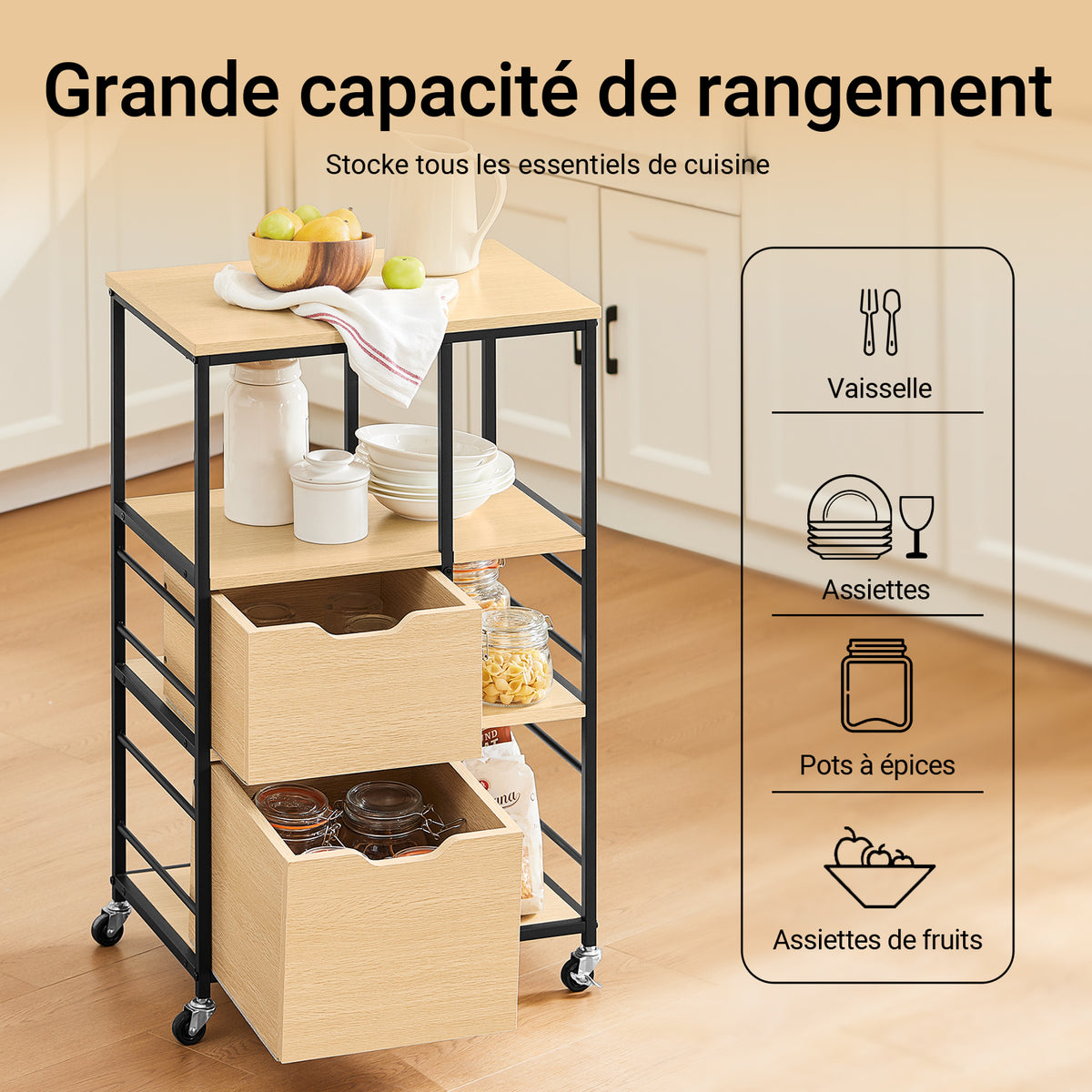 SoBuy FKW111-N Desserte de Cuisine avec 2 Tiroirs, 3 Étagères et 4 Roulettes 360° – L53×P37×H89 cm, PB et Acier, Noir et Naturel