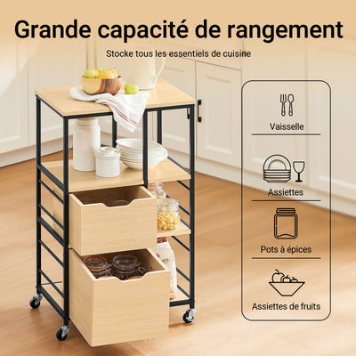 SoBuy FKW111-N Desserte de Cuisine avec 2 Tiroirs, 3 Étagères et 4 Roulettes 360° – L53×P37×H89 cm, PB et Acier, Noir et Naturel