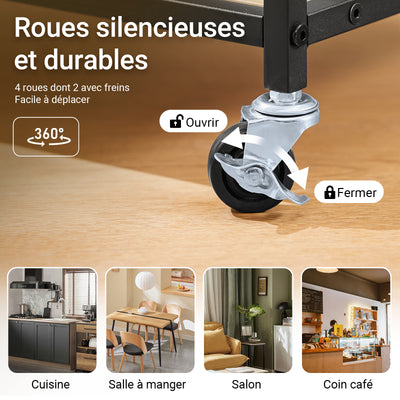 SoBuy FKW111-N Desserte de Cuisine avec 2 Tiroirs, 3 Étagères et 4 Roulettes 360° – L53×P37×H89 cm, PB et Acier, Noir et Naturel