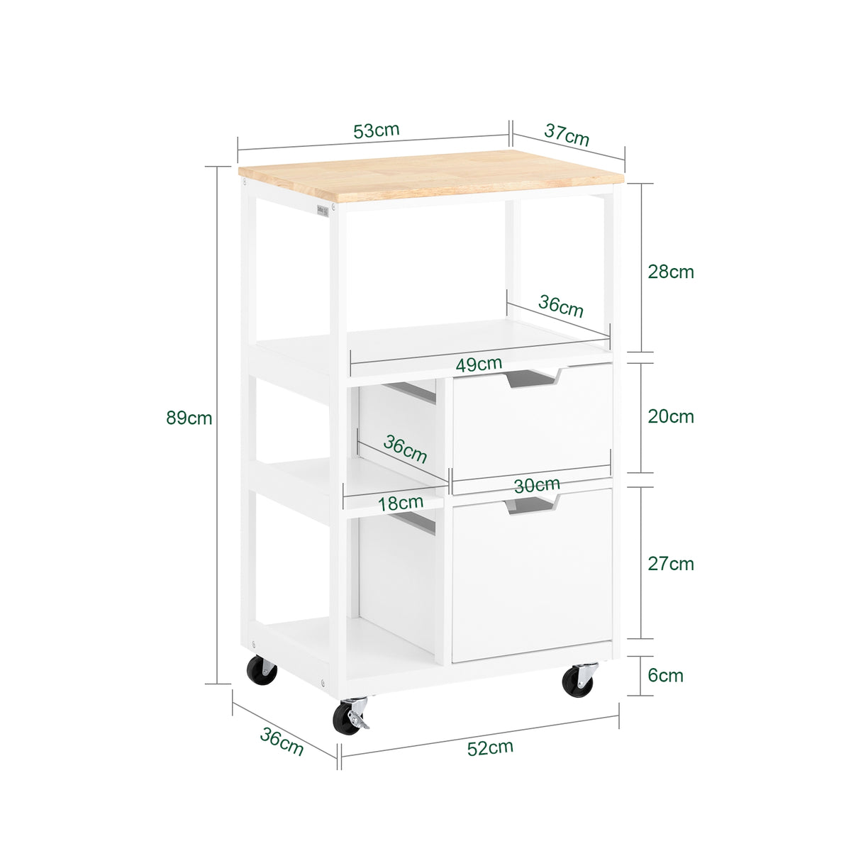 SoBuy FKW111-WN Desserte de Cuisine 53 × 37 × 89 cm, 2 Tiroirs, 3 Niches et Roulettes – Blanc et Bois Naturel