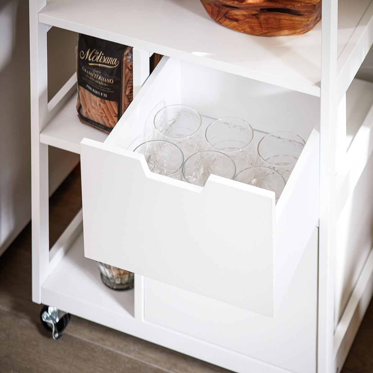 SoBuy FKW111-WN Desserte de Cuisine 53 × 37 × 89 cm, 2 Tiroirs, 3 Niches et Roulettes – Blanc et Bois Naturel