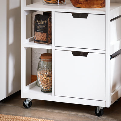 SoBuy FKW111-WN Desserte de Cuisine 53 × 37 × 89 cm, 2 Tiroirs, 3 Niches et Roulettes – Blanc et Bois Naturel