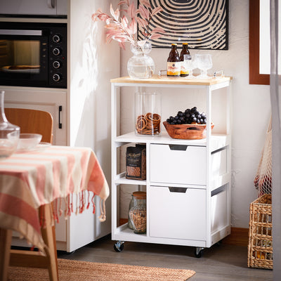 SoBuy FKW111-WN Desserte de Cuisine 53 × 37 × 89 cm, 2 Tiroirs, 3 Niches et Roulettes – Blanc et Bois Naturel