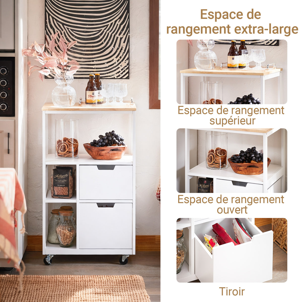 SoBuy FKW111-WN Desserte de Cuisine 53 × 37 × 89 cm, 2 Tiroirs, 3 Niches et Roulettes – Blanc et Bois Naturel
