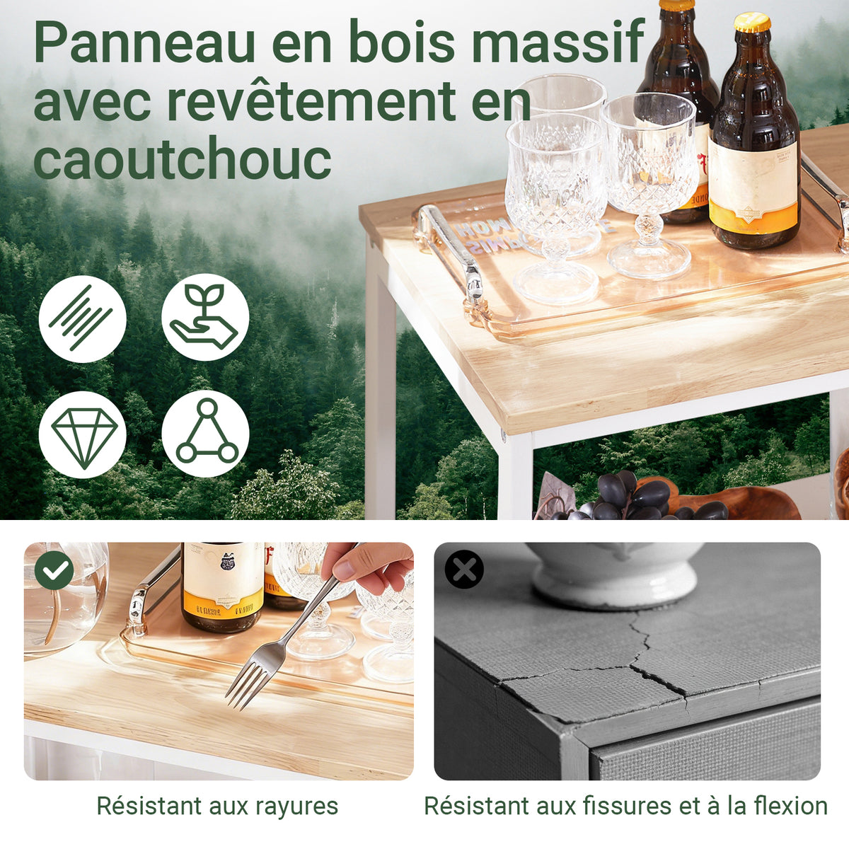 SoBuy FKW111-WN Desserte de Cuisine 53 × 37 × 89 cm, 2 Tiroirs, 3 Niches et Roulettes – Blanc et Bois Naturel