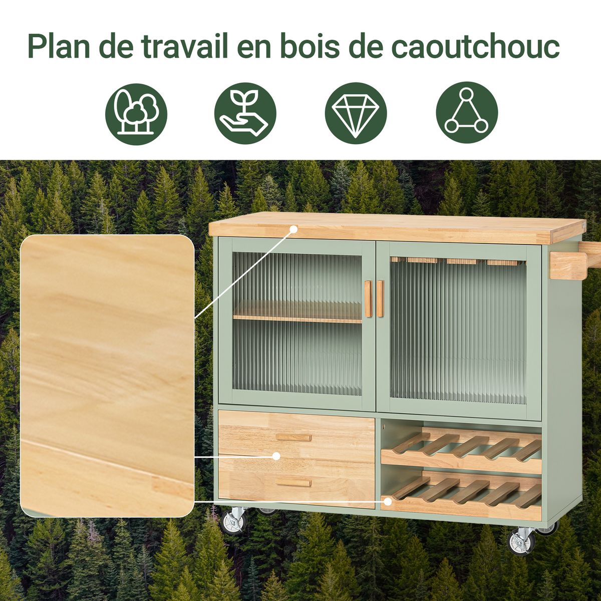 Îlot cuisine mobile SoBuy FKW114-GR – vue de face avec porte-bouteilles intégré