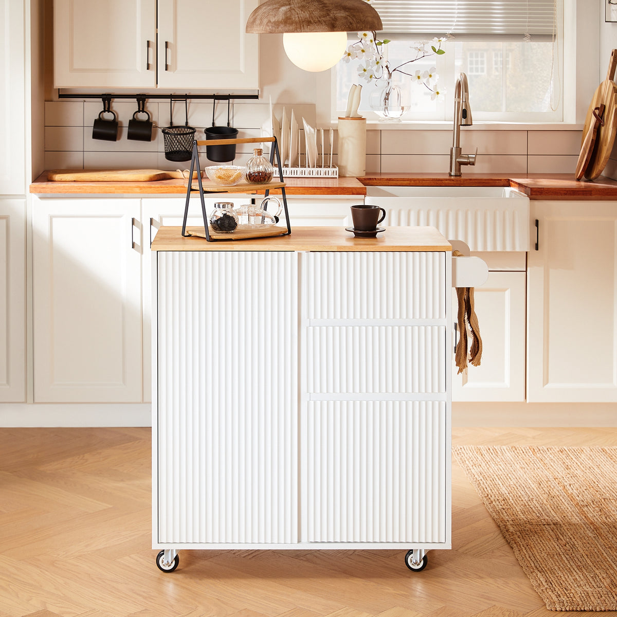 SoBuy FKW124-WN Desserte Cuisine avec Roulettes, Tiroirs et Barre latérale, Mobile, Rangement Optimisé – L90×P40×H90 cm, Bois d’Hévéa, Blanc et Naturel