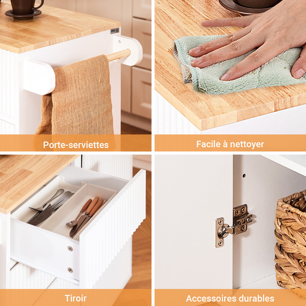 SoBuy FKW124-WN Desserte Cuisine avec Roulettes, Tiroirs et Barre latérale, Mobile, Rangement Optimisé – L90×P40×H90 cm, Bois d’Hévéa, Blanc et Naturel