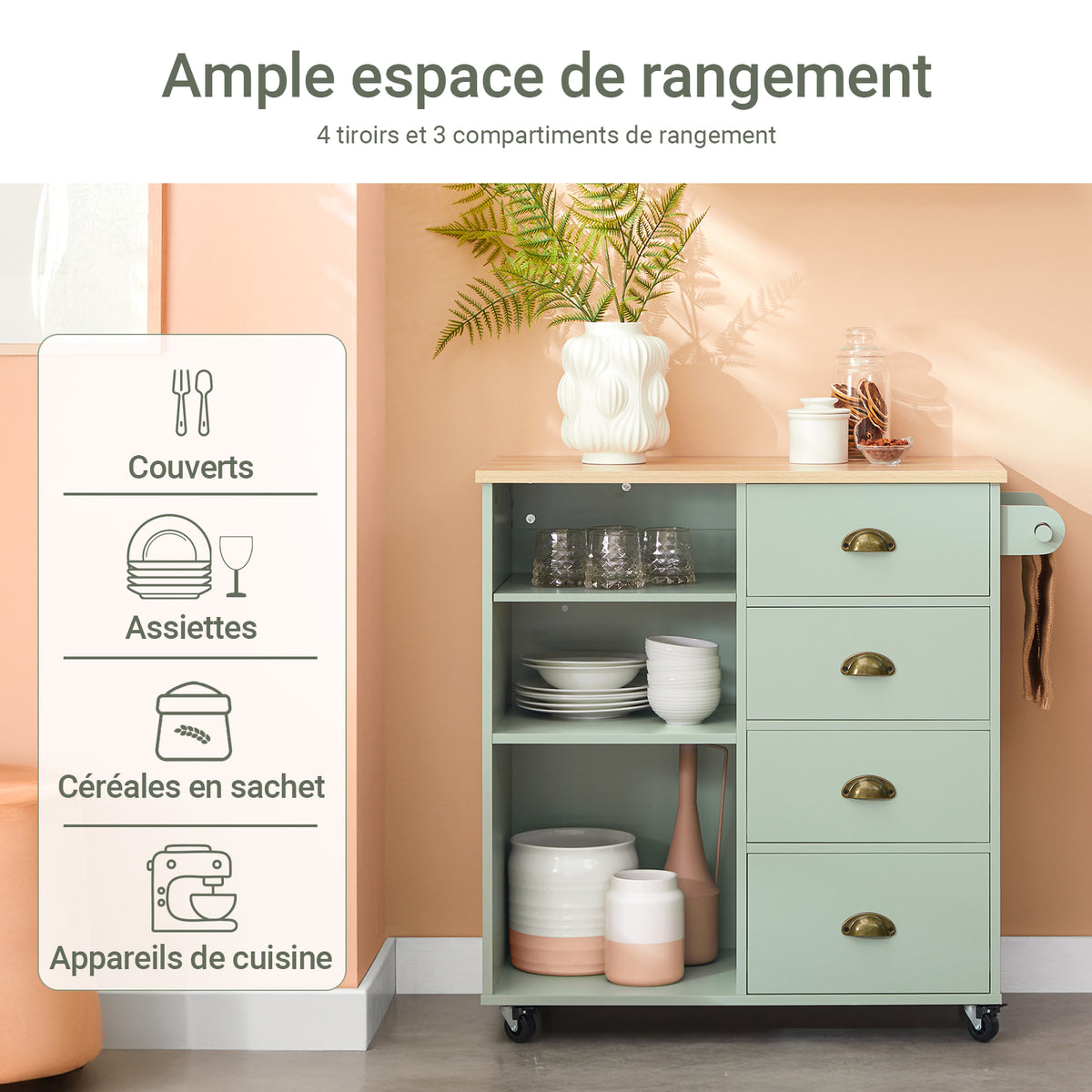 SoBuy FKW127-GR Cărucior de bucătărie cu 3 compartimente și 4 sertare Masă de servire auxiliară Cărucior cu rotile Verde 90x40x88cm