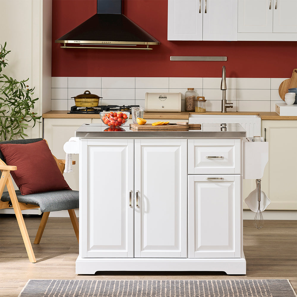 SoBuy FKW128-II-ST Îlot de Cuisine Mobile avec Plan Inox Rabattable – 2 Tiroirs, 130 × 46–71 × 91 cm, Blanc