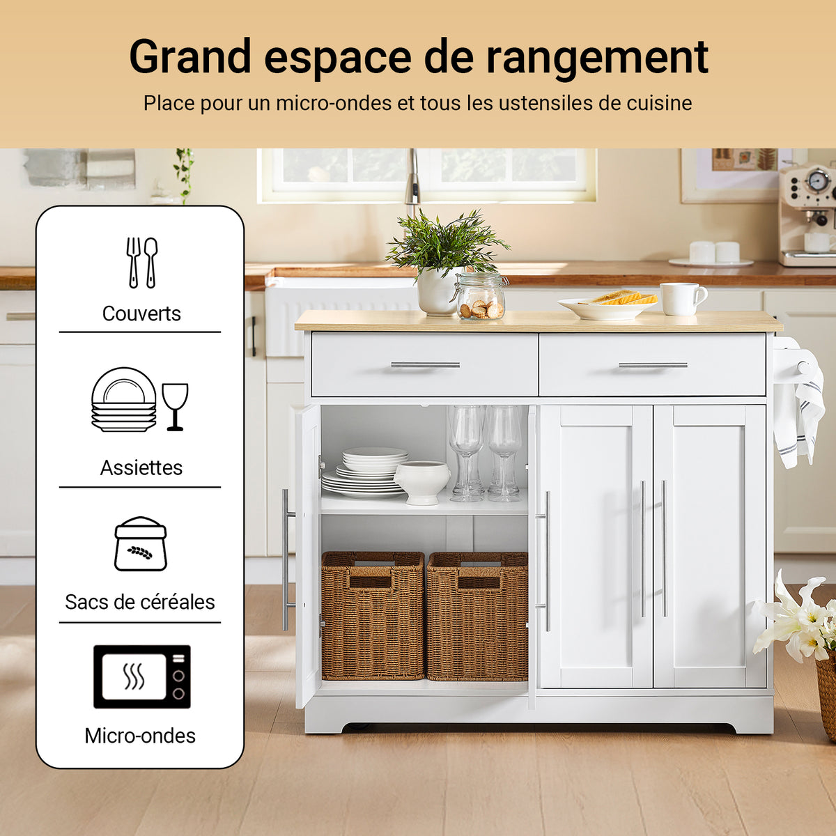 SoBuy FKW129-WN Insulă Centrală de Bucătărie pe Roți, Blat Extensibil 44→69cm, 2 Sertare & 2 Uși, Etajere Reglabile, Cărucior Mobil – 113x91cm, Alb