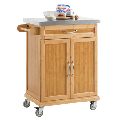 SoBuy FKW13-N Desserte de Cuisine à Roulettes en Bambou avec Plan de Travail INOX, 1 Tiroir et 2 Portes, Chariot de Service –